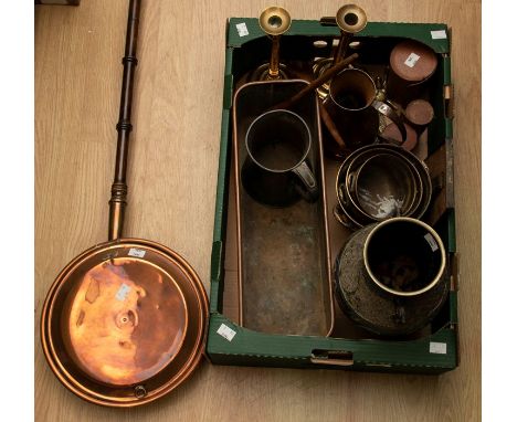 A brass and cloisonné Vase; Pair of brass Candlesticks, 25cm high; A Victorian copper Warming Pan; A Victorian copper Planter