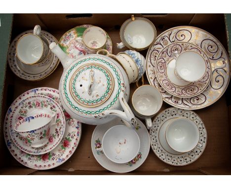 Collection of early to mid 19th century tea cups and saucers, some trios, hand painted including teapot.&nbsp;