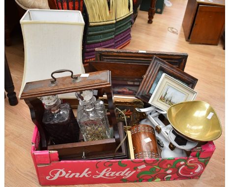 A collector's lot to include: Tantalus with moulded glass decanters, various decorative prints; oak framed mirror and an oak 
