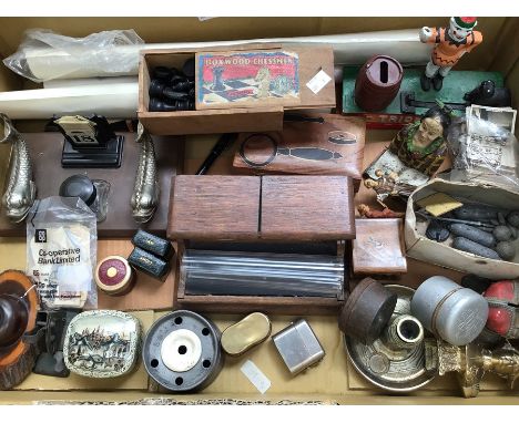 Collection of early to mid desk stands, ink wells, reproduction money boxes, Chess/Drafts and other collectable items etc.