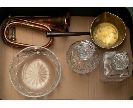 A copper and brass bugle; brass pan; two cut glass decanters and fruit bowl (5)