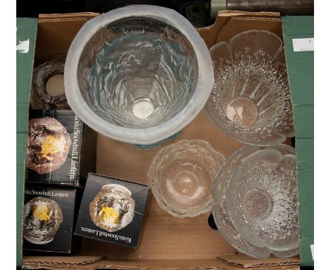 A collection of Swedish glass bowls, frosted moulded glass, together with three kosta snowball lantern candle holders in orig