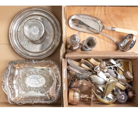 A collection of EPNS and plate to include: George V presentation cake basket dated 1916, glass coasters,&nbsp; large caster, 