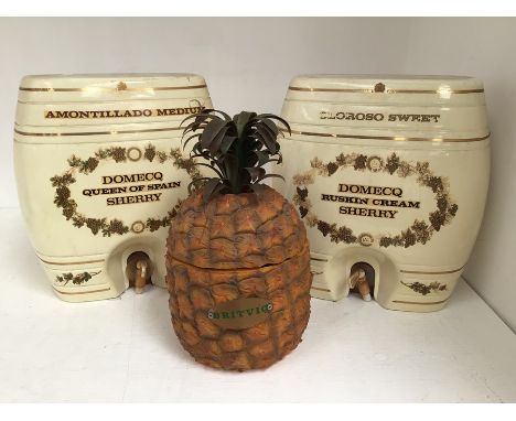 A collection of vintage bar ware to include: pair of plastic barrel shaped dispenser covers for Domencq Ruskin Cream Sherry a