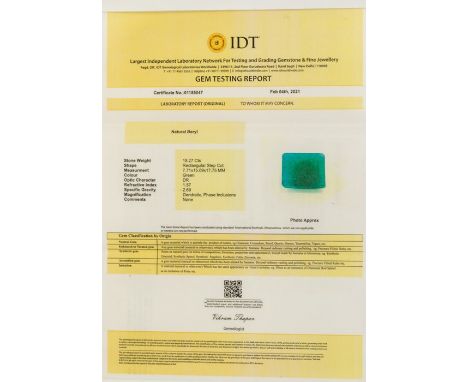 A rectangular step cut Beryl, green, 18.27 cts, 7.71 x 15.09 x 17.75mm, as per IDT Certificate no: 01155047 and&nbsp;An oval 