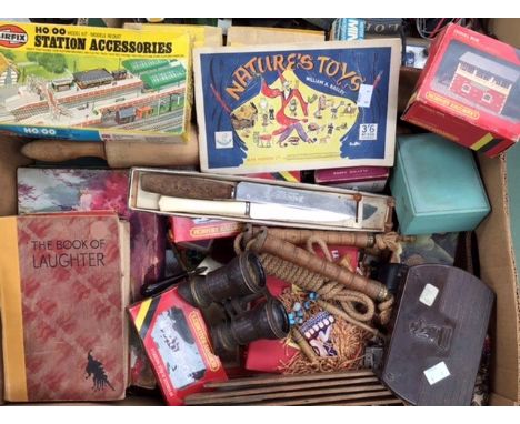 Collection of collectables including early 20th century racing binoculars, books, toys, treen, airfix, Bakelite, chess etc.