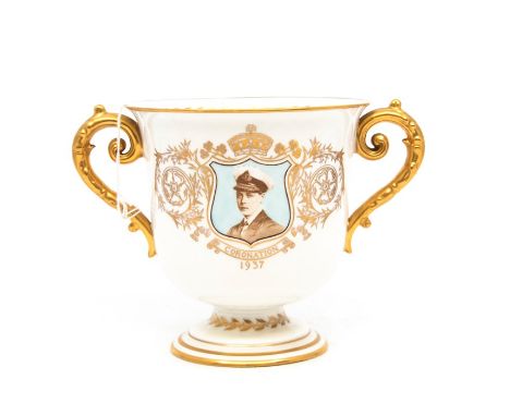 Edward VIII Coronation 1937: A Royal Crown Derby loving cup, the body with sepia portrait on pale blue ground within scrollin