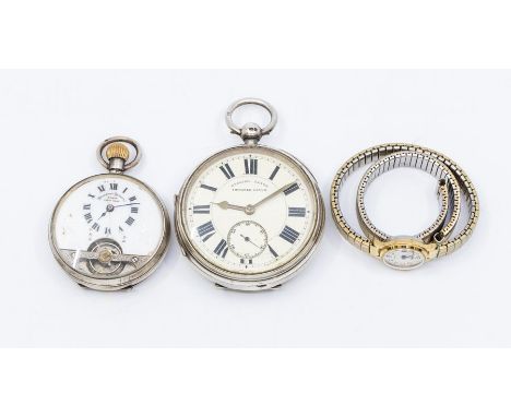 A silver English Lever open faced pocket watch, cream dial with roman numeral markers, subsidiary dial, case diameter approx 