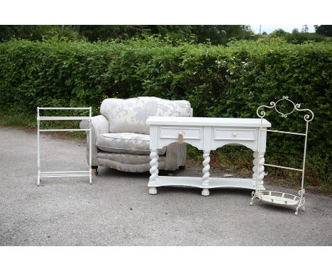 Upholstered armchair, towel rail, two drawer whole painted side table and hall stick stand