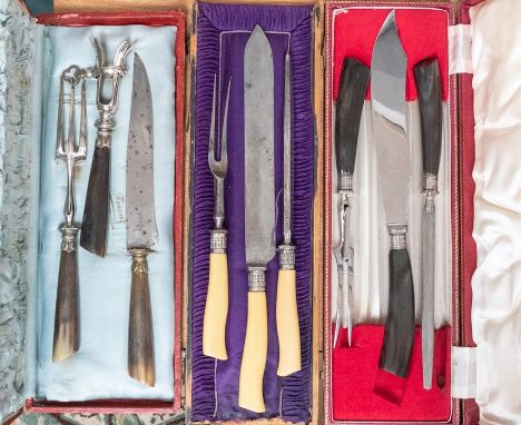 Three vintage boxed carving sets, makers to include: Gee &amp; Holme steel with horn handles; a French Renoult of Rouen steel