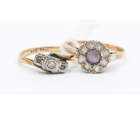 An Edwardian  9ct gold and diamond set three stone ring, illusion settings, size M along with a amethyst and white topaz set 