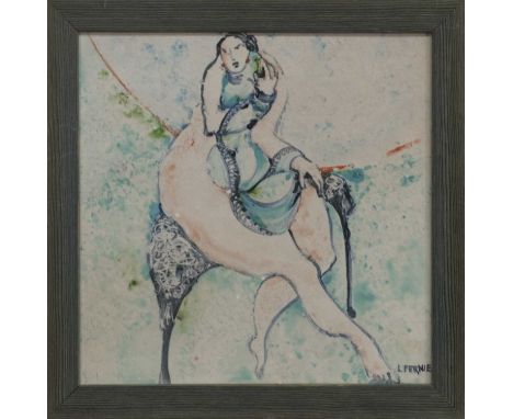 * LORRAINE FERNIE (SOUTH AFRICAN/SCOTTISH b. 1941), SEATED FEMALE FIGURE WITH CROSSED LEGSpainted ceramic tile, signed image 