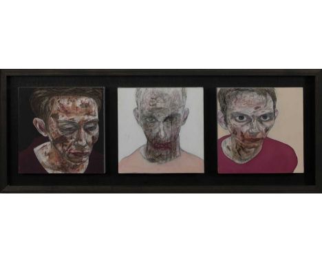 * ANDREW SMITH (SCOTTISH 1936 - 2014), SELF-PORTRAIT TRIPTYCH mixed media on board, signed versoimage size 31cm x 31cm each, 
