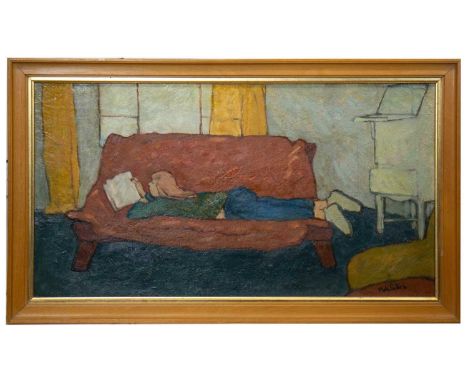 * MARTIN BAILLIE (SCOTTISH 1920-2012),ON THE SOFAoil on board, signed and dated '91image size 31cm x 57cm, overall size 38cm 