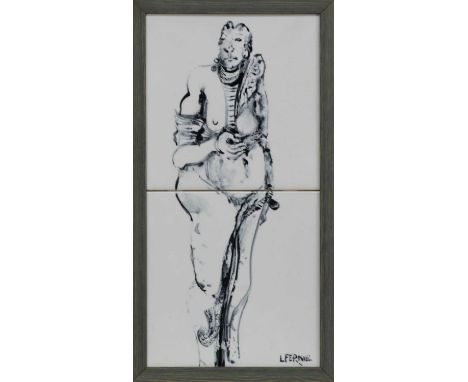 * LORRAINE FERNIE (SOUTH AFRICAN/SCOTTISH b. 1941),FEMALE FIGURE IN BLACKpainted ceramic tile, signed image size 29.5cm x 14.