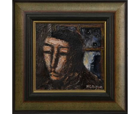 * HUGH GERARD BYARS (SCOTTISH b. 1957),PORTRAIT HEADoil on canvas, signed image size 19cm x 19.5cm, overall size 32.5cm x 33c