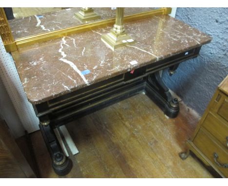 A REGENCY EBONISED AND GILT SIDE TABLE with mottled marble top and frieze drawers 122cm wide