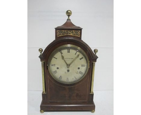 A FINE 19TH CENTURY MAHOGANY GILT BRASS AND SATINWOOD INLAID BRACKET CLOCK the rectangular arched hood painted dial and Roman