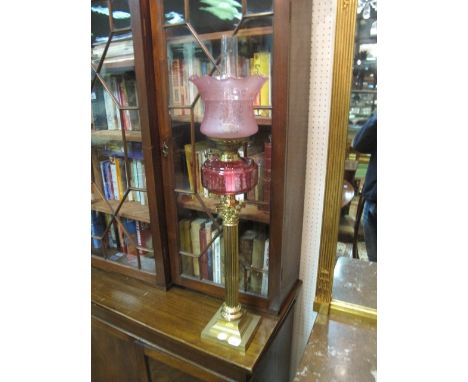 A GOOD VICTORIAN CORINTHIAN COLUMN BRASS LAMP with ruby bowl and etched shade
