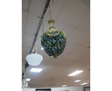 A BASKET SHAPED HANGING LIGHT with coloured bead drops and leaf cast brass mounts