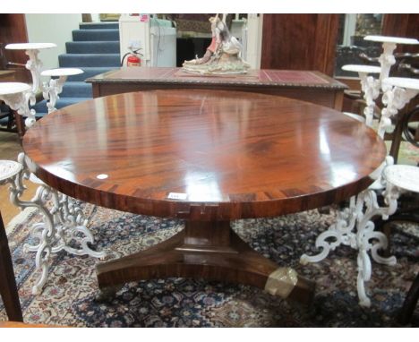 A WILLIAM IV MAHOGANY AND KINGWOOD CROSS BANDED POD TABLE the oval moulded top above a spreading column and concave platform 