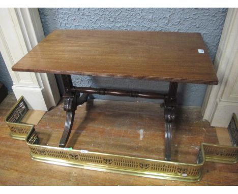 A REGENCY STYLE MAHOGANY RECTANGULAR OCCASIONAL TABLE on lyre end supports 60cm (h) x 92cm (w) x 50cm (d)