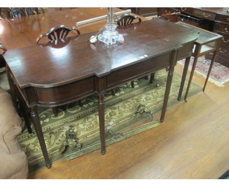 A GOOD ADAM STYLE MAHOGANY CROSS BANDED SIDE TABLE with dummy drawers and narrow tapering turned legs 169cm wide