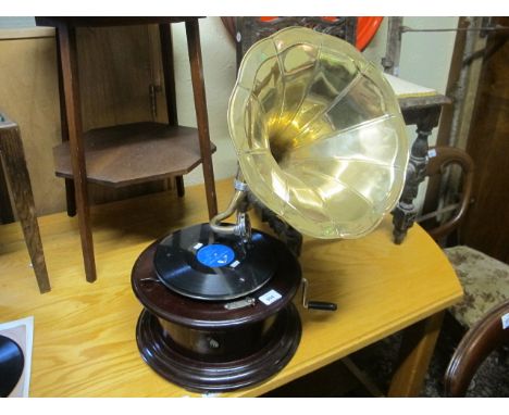 A BEECHWOOD BRASS AND CHROME GRAMOPHONE with circular table and brass horn 68cm (h) x 35cm (d)