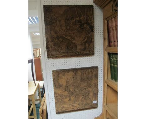 A PAIR OF TAPESTRY FRAGMENTS hunting scenes possibly 19th Century 43cm x 41cm