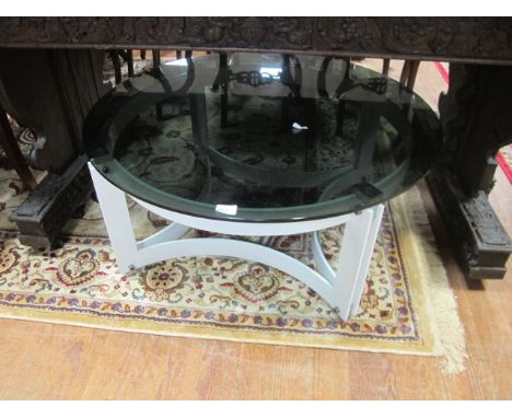 A GOOD SMOKED GLASS AND STEEL CIRCULAR LOW COFFEE TABLE 92cm diameter