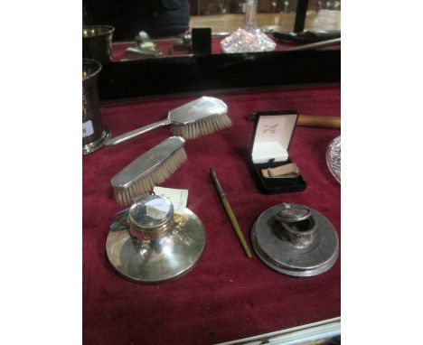 A COLLECTION OF SILVER WARE to include ink well, money clip, two piece dressing table set etc