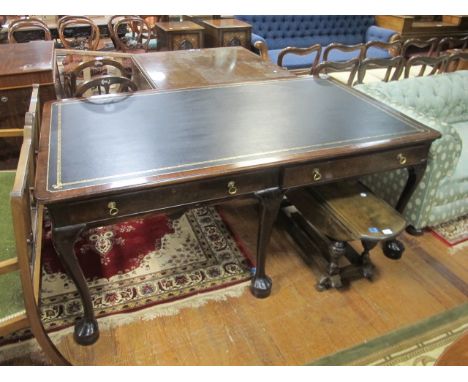 A GOOD GEORGIAN STYLE MAHOGANY DOUBLE SIDED WRITING TABLE with frieze drawers and carved cabriole legs 183 x 105cm