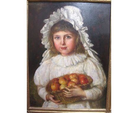 WILLIAM WALKER FL. 1861-1881
A Half Length Portrait of a Young Girl Wearing a White Bonnet and Dress Holding a Basket of Appl