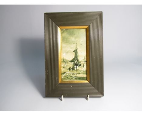 Dutch coastal scene painted onto ceramic plaque, signed Mesdag, 14cm x 7cm, framed, scratch damaged 