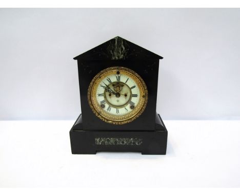 An Ansonia Clock Co. New York, Belgium black marble mounted clock, visible escapement with key, 29cm tall