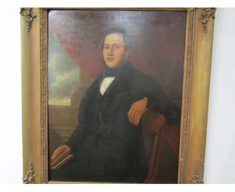 A 19th Century English School portrait of fine gentleman with pork chop sideburns, dark attire, oil on canvas, gilt frame, 90