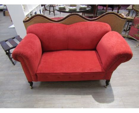 A Victorian single drop-end sofa in red velour upholster, rope and button embellishment, 155cm long x 75cm deep