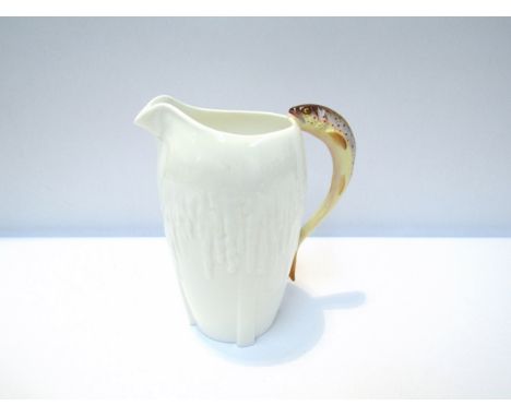 A Royal Worcester for Aspreys porcelain jug decorated by Harry Ayrton with salmon design handle, 19cm tall