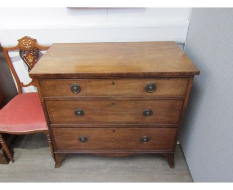 A 19th Century mahogany chest of three drawers with splayed bracket feet, ring drop handles, 84cm x 95cm x 53cm