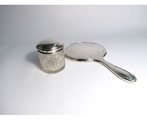 A crystal glass silver topped pot and silver hand mirror (2)