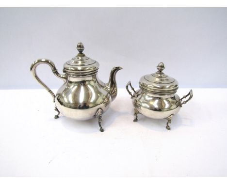 A Dutch silver plate teapot and sucrier on footed base, acorn finials 