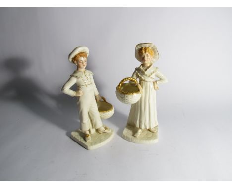 A pair of Royal Worcester figures, boy and girl with basket, 21.5cm tall