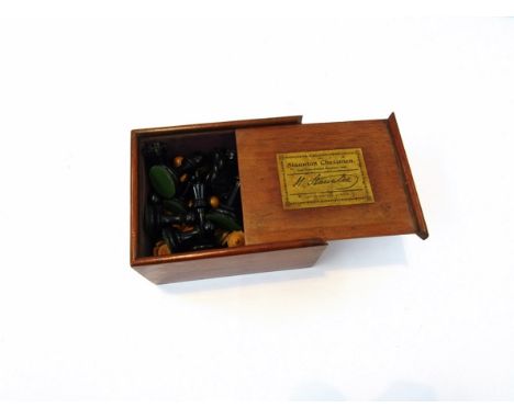 H Staunton Jacques &amp; Sons chess pieces in original box, King 9.5cm tall, slight damage to the crown of the Queen, 32 piec