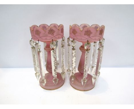 A pair of Victorian lustres, pink frosted glass with crystal droplets, 28.5cm tall 