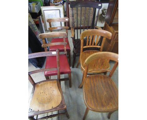 Victorian elm and beech farmhouse elbow chair with spindle back and turned front legs, a pair of beech rush seated ladder bac