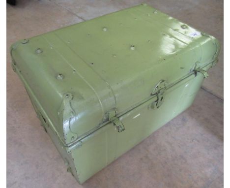 20th C painted steel trunk with brass fittings, W60cm D40cm H42cm 