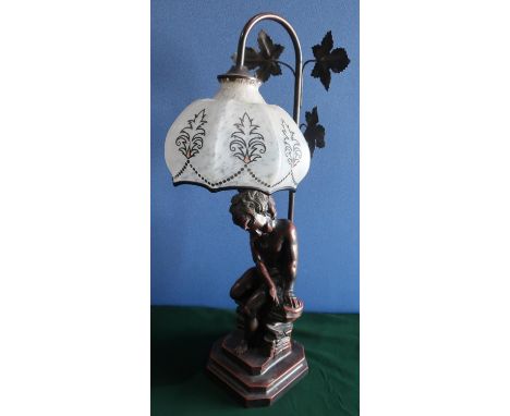 Resin table lamp in the form of a child sitting on a rock,  with 1930's style shade 