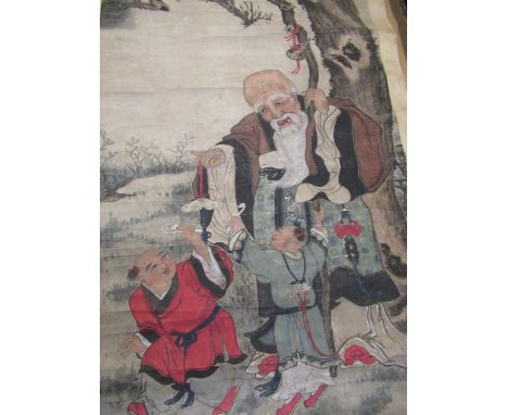 Chinese School, (late 19th C/early 20th C) scroll painting: Figure of an elderly gentlemen with two children, watercolour, 18