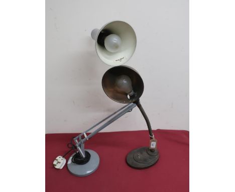 Vintage desk lamp with flexible column on stepped oval cast base, H44cm, and a grey metal angle poise lamp H75cm extended (2)