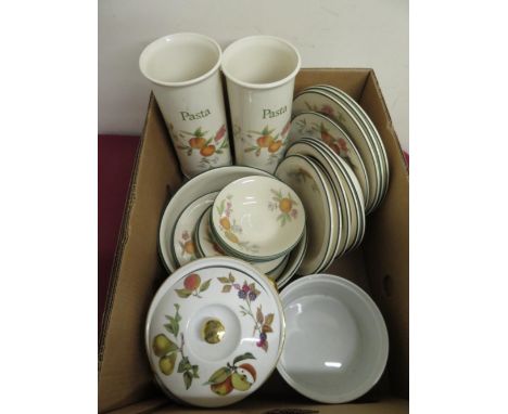 Two Royal Worcester Evesham pattern oven to tableware tureens and covers and a similar dish, and a Clover Leaf Peaches &amp; 